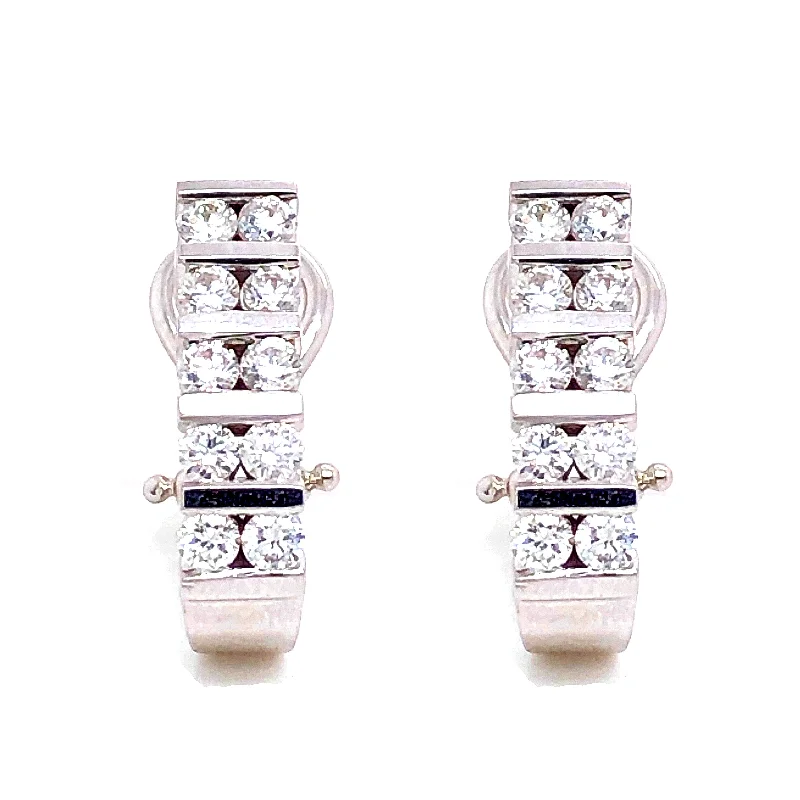 Gold-Plated Hoop Earrings-Two Row Horizontal Channel Set Diamond Earrings