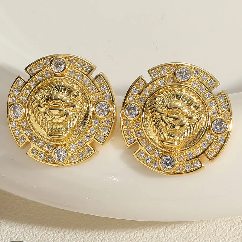 Lion Head Zircon Ear Studs