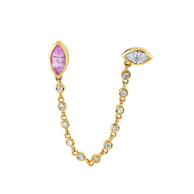 Elegant Drop Stud Earrings-PINK SAPPHIRE & DIAMOND DUO CHAIN LINK STUD