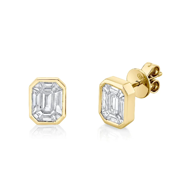 Handmade Beaded Earrings-READY TO SHIP DIAMOND EMERALD CUT ILLUSION STUDS