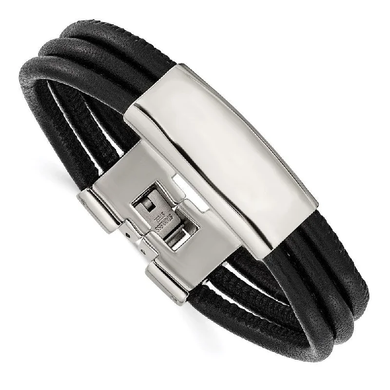 Gemstone Adjustable Bracelet-Stainless Steel Polished Blk Leather ID Bracelet