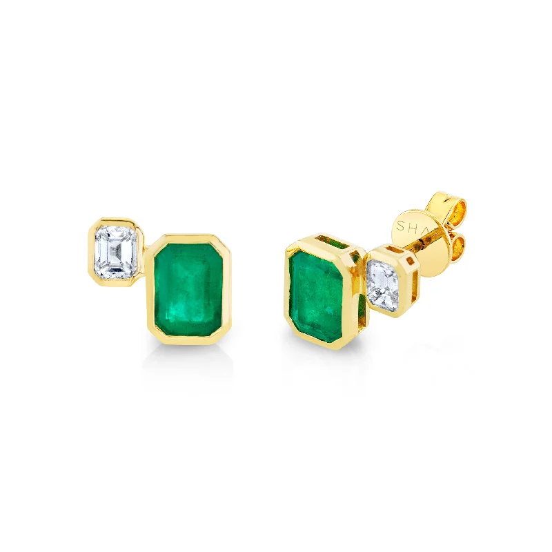 Cute Animal Earrings-EMERALD BEZEL SET TWO STEP STUDS