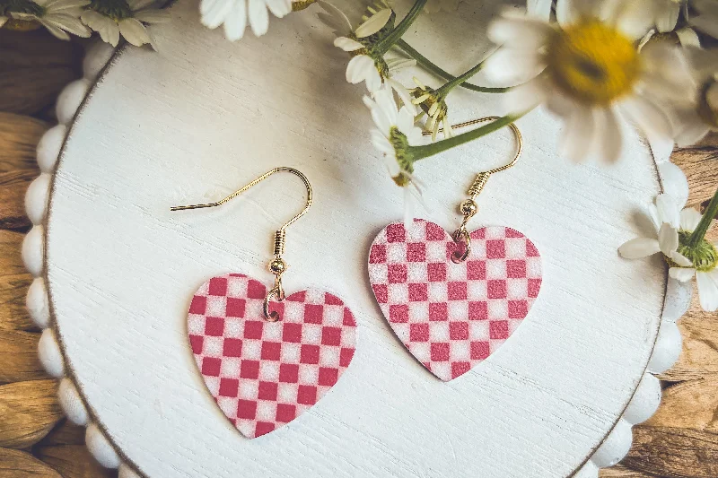 Simple Silver Drop Earrings-Adorable Red Checkered Heart Earrings