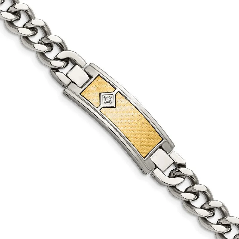 Stylish Leather Cuff Bracelet-Stainless Steel w/18k Polished Weave Textured Diamond ID Bracelet