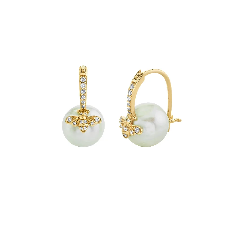 Simple Gold Earrings-Gold & Diamond Bee Pearl Earrings