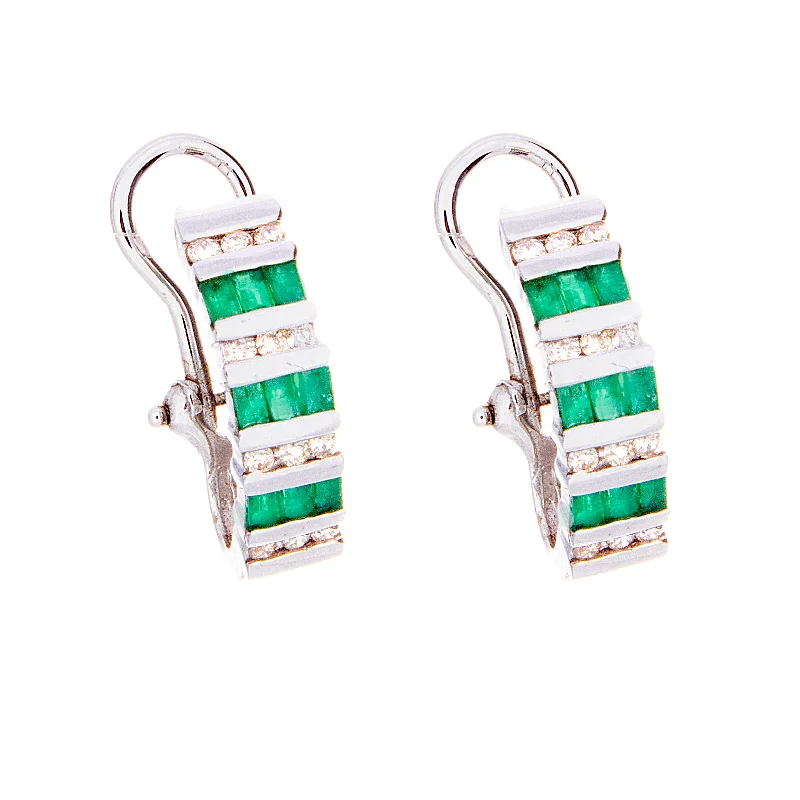 Double Hoop Earrings-Emerald and Diamond Channel Set Earrings