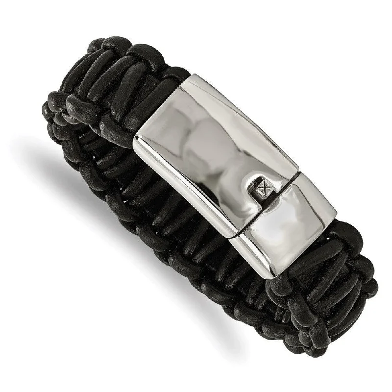 Adjustable Pearl Bracelet-Stainless Steel Polished Rounded Braided Black Leather Bracelet