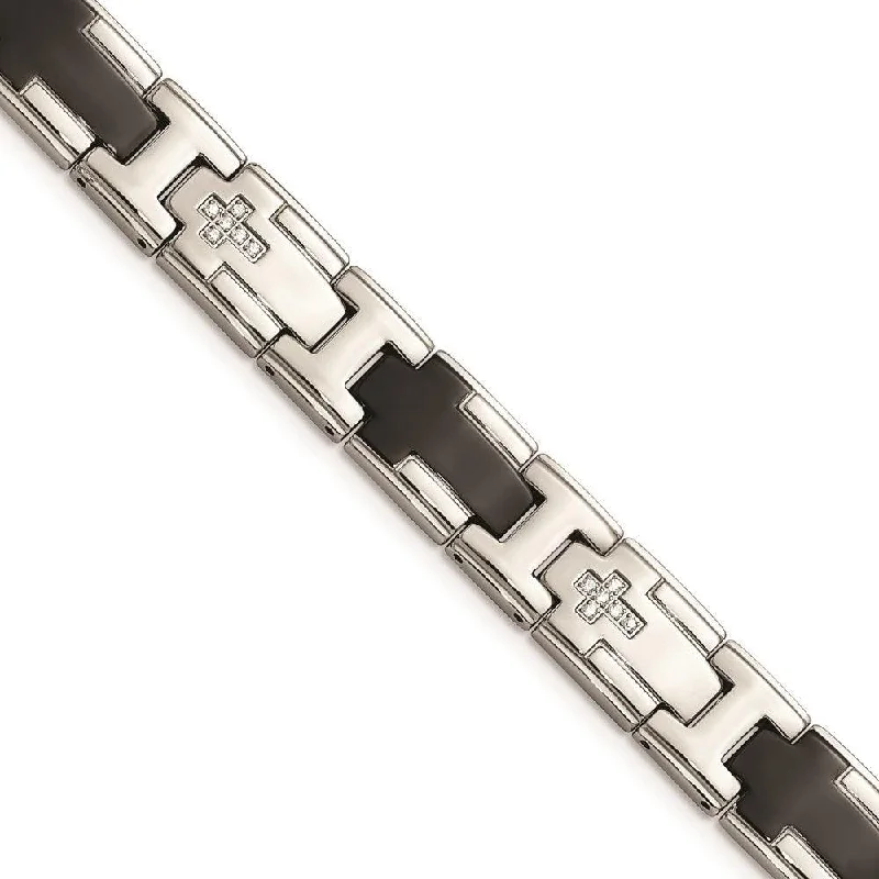 Custom Engraved Bracelet-Stainless Steel Polished Black IP-plated with CZ Cross Bracelet