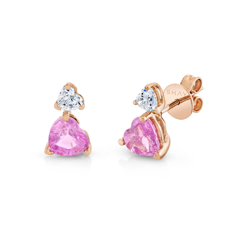 Silver Drop Earrings for Women-DIAMOND & PINK SAPPHIRE TWO STEP HEART STUDS