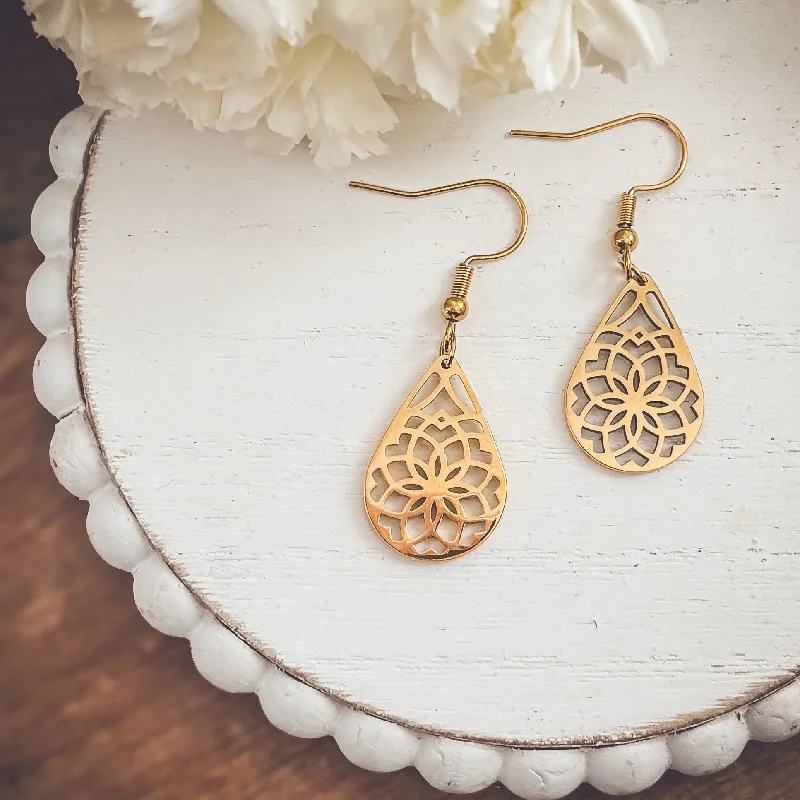 Triangular Earrings-Beautiful Gold Floral Drop Earrings