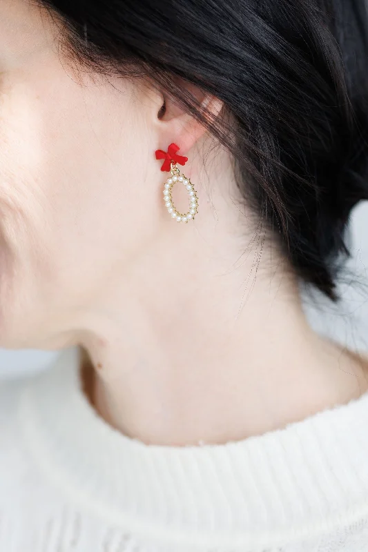 Unique Silver Hoop Earrings-Beautiful Red Bow and Pearl Earrings