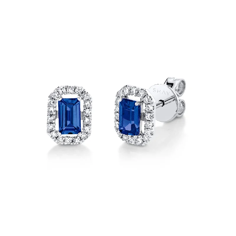 Star Shaped Earrings-MINI ME DIAMOND HALO BLUE SAPPHIRE STUDS