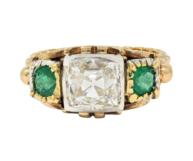 Early Victorian 3.92 CTW Peruzzi Cut Diamond Emerald 18 Karat Gold Silver Antique Ring