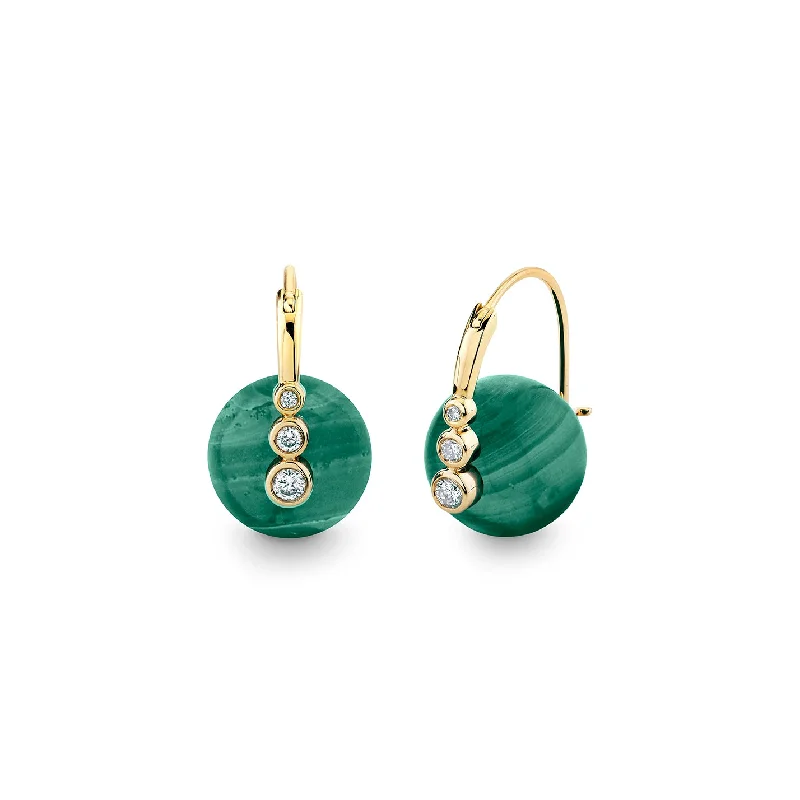 Large Gold Earrings-Gold & Diamond Graduated Bezel Malachite Earrings