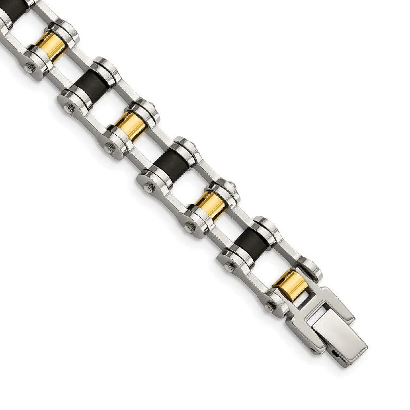 Luxury Cuff Bracelet-Stainless Steel Yellow IP-plated and Black Rubber Bracelet