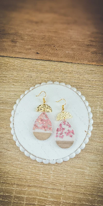 Funky Statement Earrings-Beautiful Wood and Pink Fleck Resin Earrings