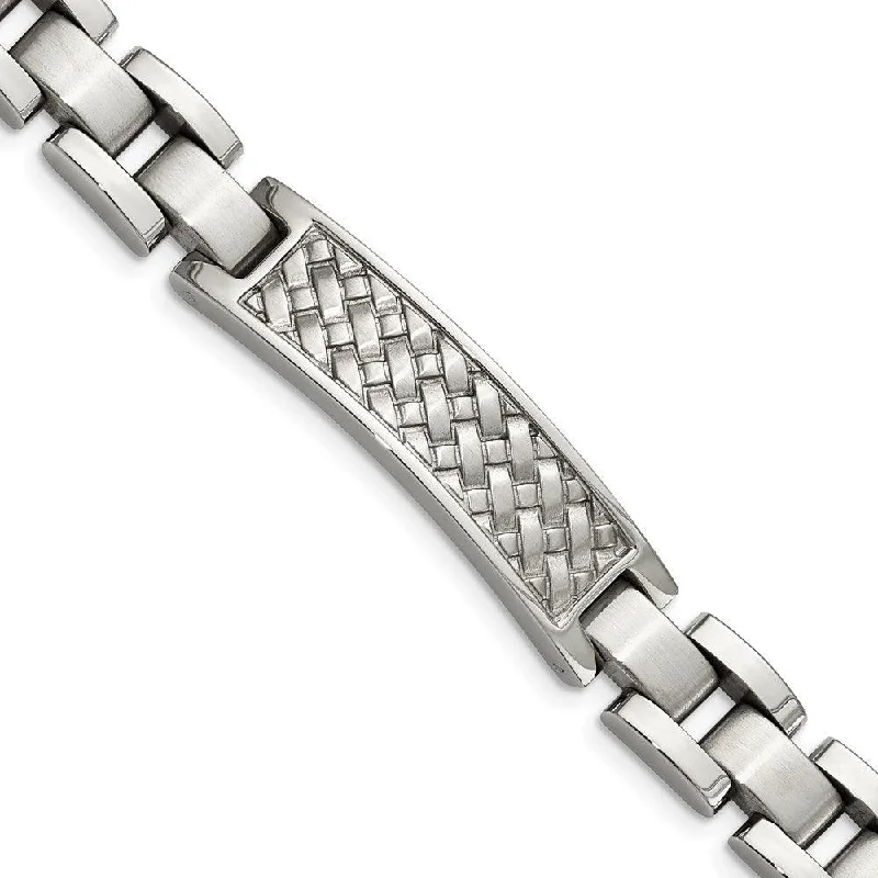 Layered Silver Bracelets-Stainless Steel Brushed and Polished Weaved Pattern ID Bracelet