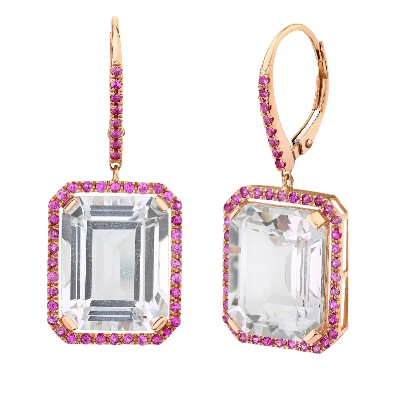 Bold Gold Earrings-READY TO SHIP PINK SAPPHIRE & WHITE TOPAZ PORTRAIT EARRINGS