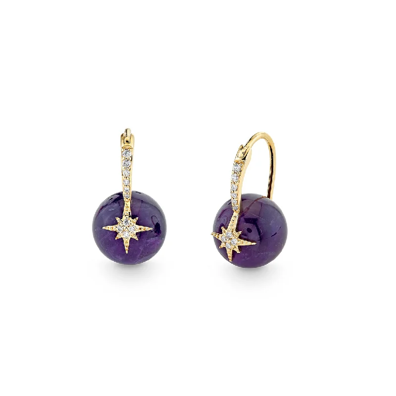 Luxury Diamond Earrings-Gold & Diamond Starburst Amethyst Earrings