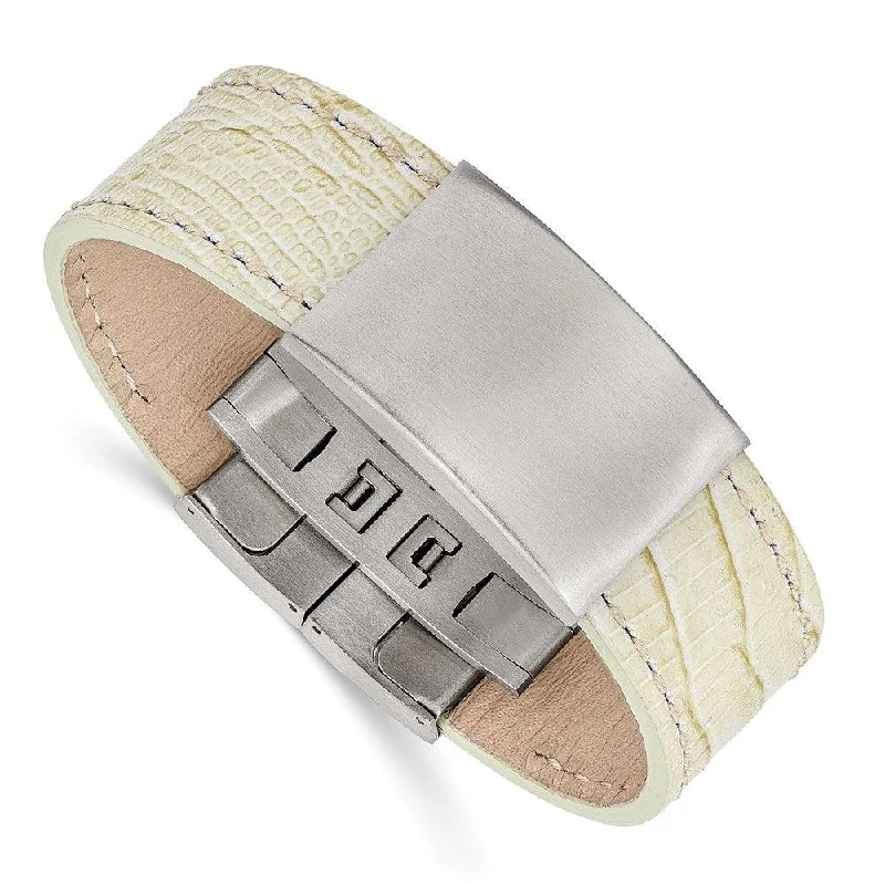 Custom Gold Bangle Bracelet-Stainless Steel Brushed White Leather ID Bracelet