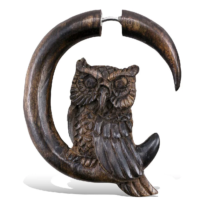 Adjustable Hoop Earrings-<span>EFW-112<span>: </span></span>Perched Owl - Wood