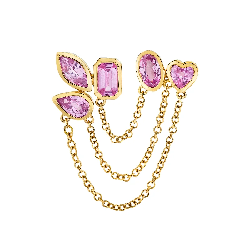 Statement Earrings for Weddings-PINK SAPPHIRE MIXED DUO CHAIN LINK STUD