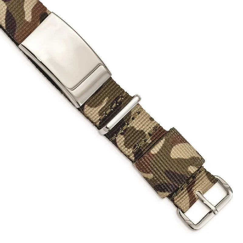 Silver Cuff Bracelet-Stainless Steel Polished Brown Camo Fabric Adjustable ID Bracelet