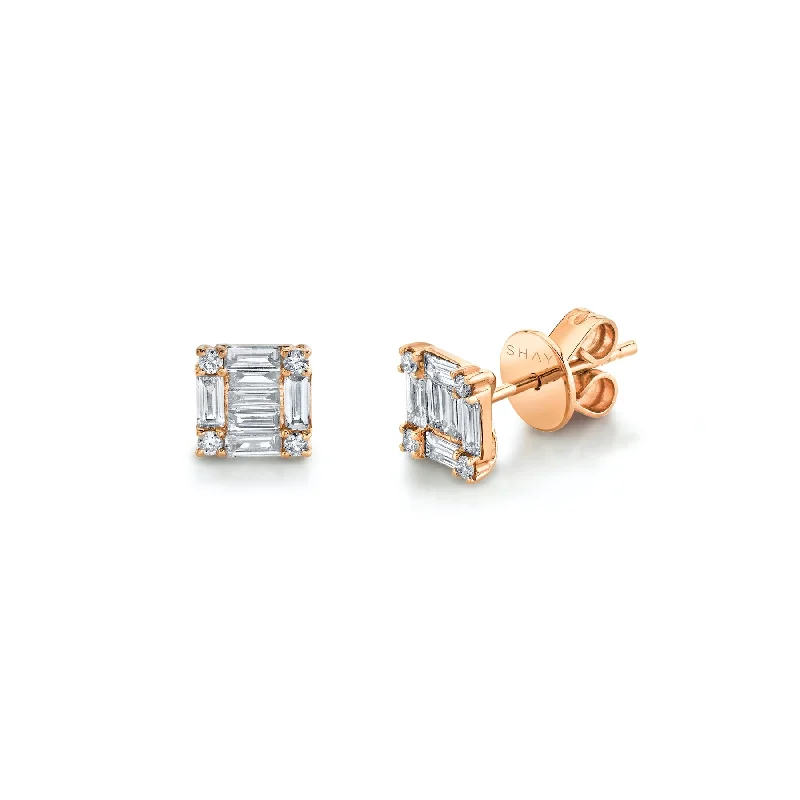 Adjustable Drop Earrings-SINGLE DIAMOND SQUARE STACKED BAGUETTE STUD