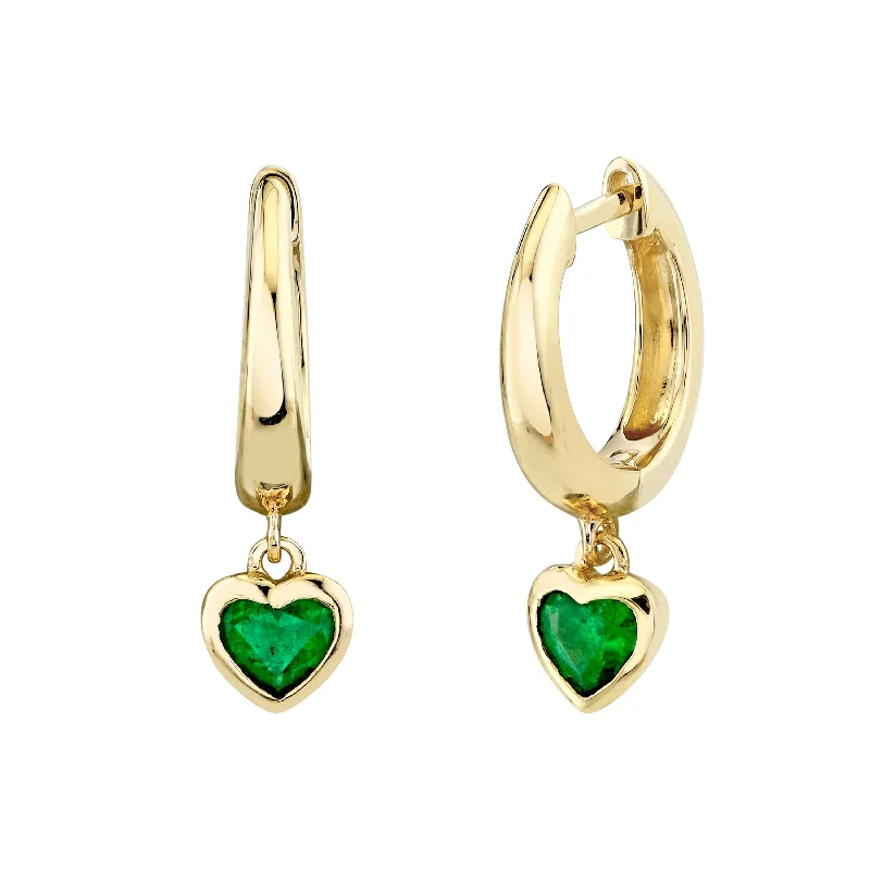 Small Drop Earrings-EMERALD HEART DROP HUGGIES