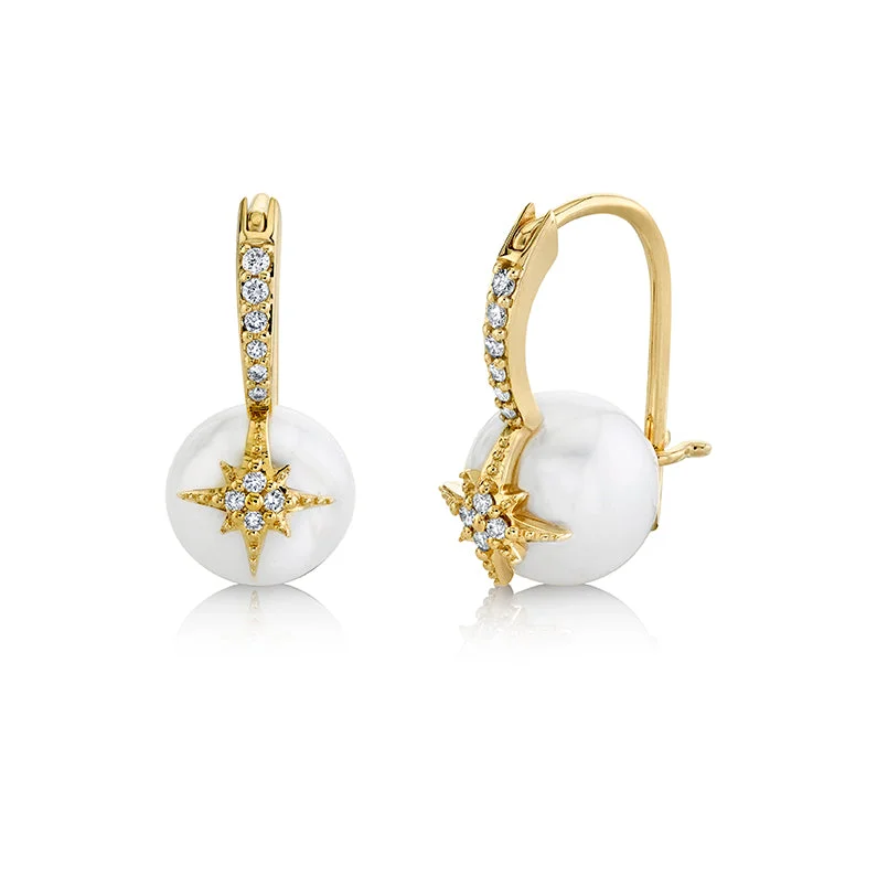 Fashion Hoop Earrings-Gold & Diamond Starburst Pearl Bead Earrings