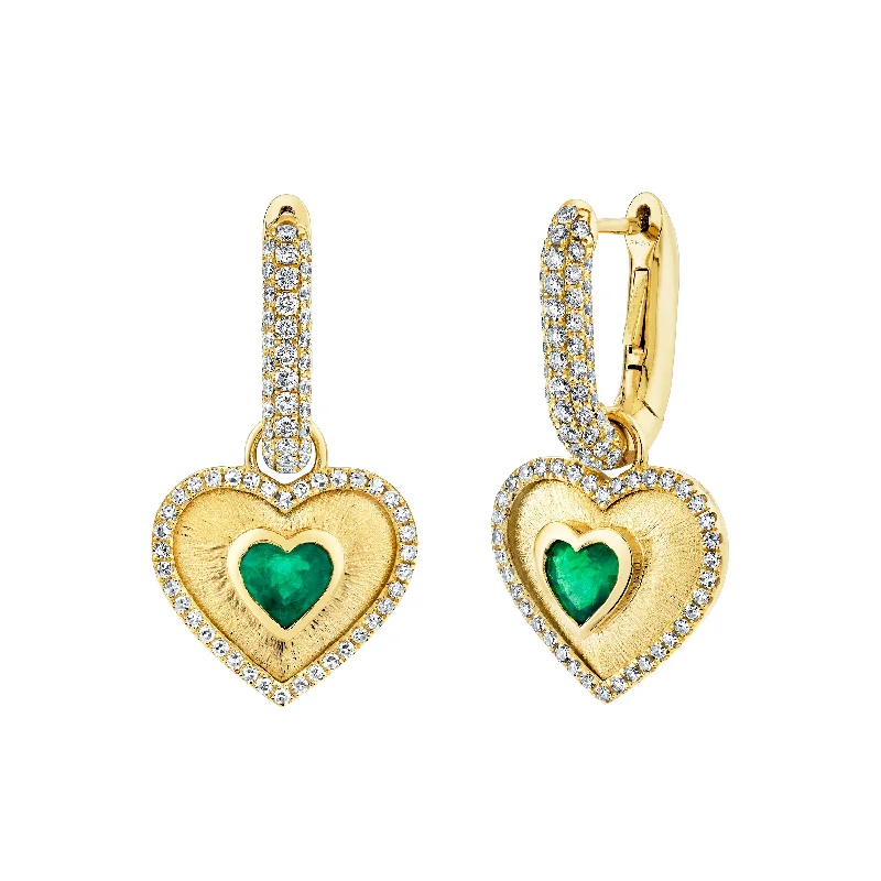 Sterling Silver Dangle Earrings-READY TO SHIP EMERALD & DIAMOND PAVE LINK HEART EARRINGS