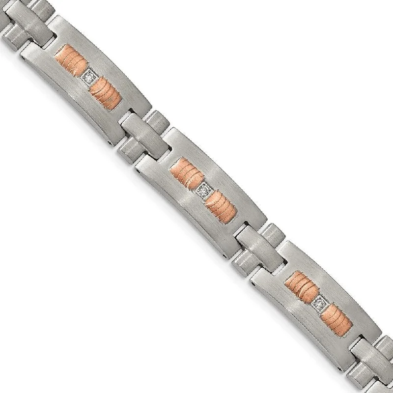 Women’s Gold Bar Bracelet-Stainless Steel Brushed Rose IP-plated w/ CZ 8.5in. Bracelet