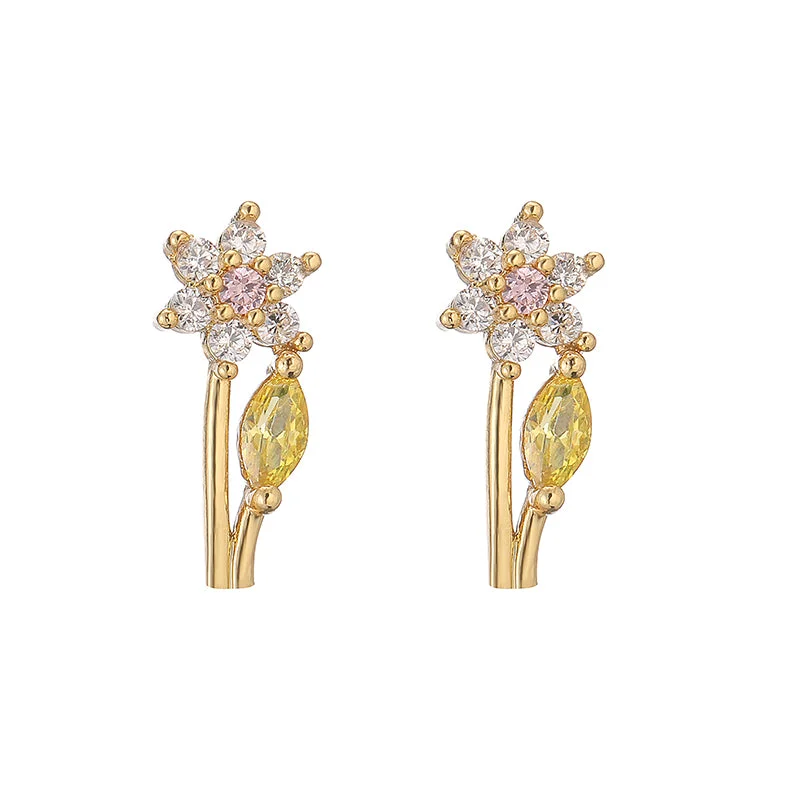 Golden Pink Diamond Flower Core Yellow Diamond Branches and Leaves 1 Pair