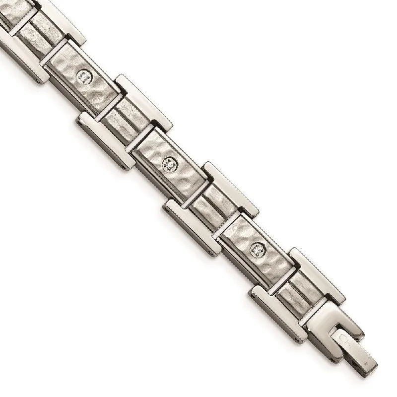 Adjustable Charm Cuff Bracelet-Stainless Steel Brushed Polished and Hammered w/CZ 8.5 in Bracelet