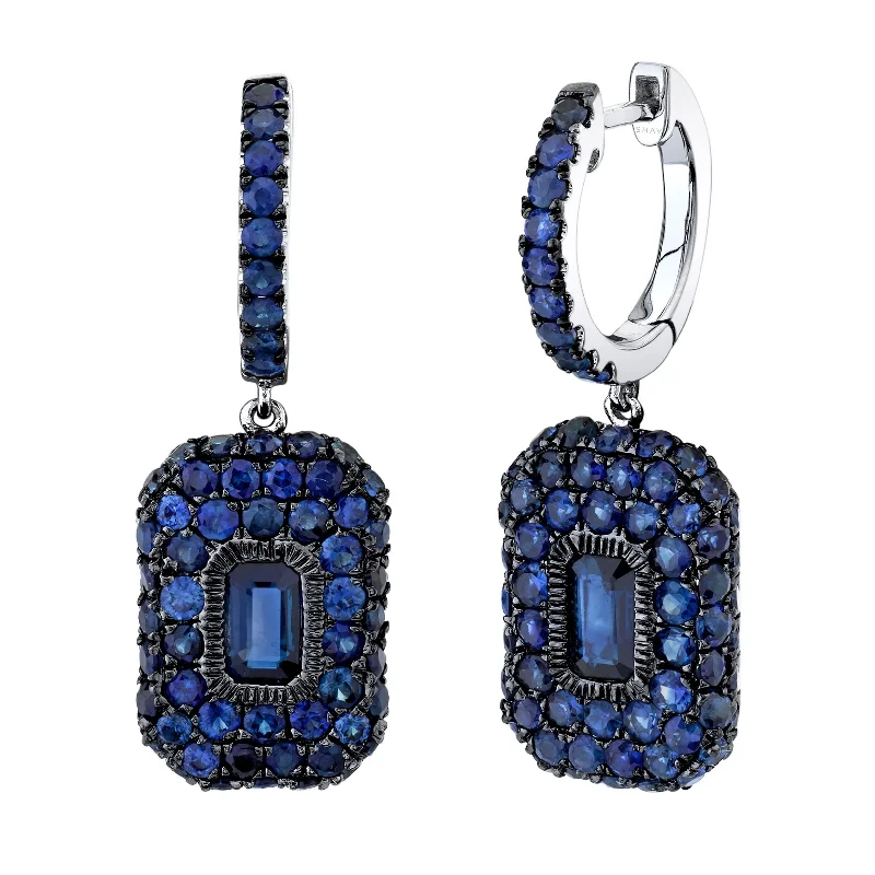 Dainty Pearl Earrings-BLUE SAPPHIRE PAVE BAGUETTE DROP EARRINGS