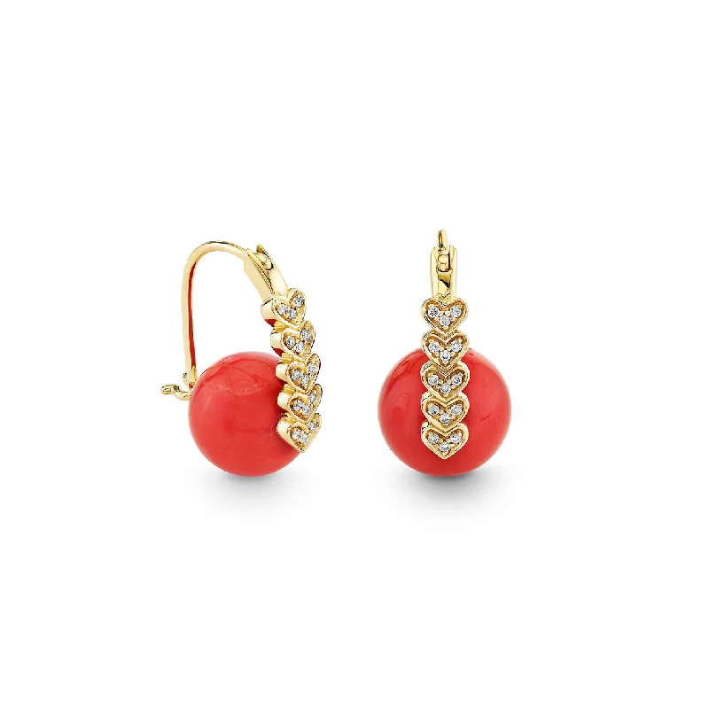 Vintage Gold Earrings-Gold & Diamond Heart Coral Earrings