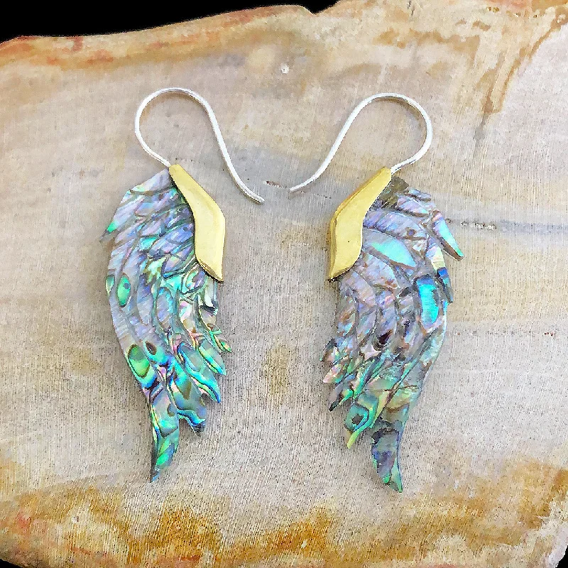 Long Dangle Hoop Earrings-<span>ESA-103<span>: </span></span>Resting Wings - Abalone Shell