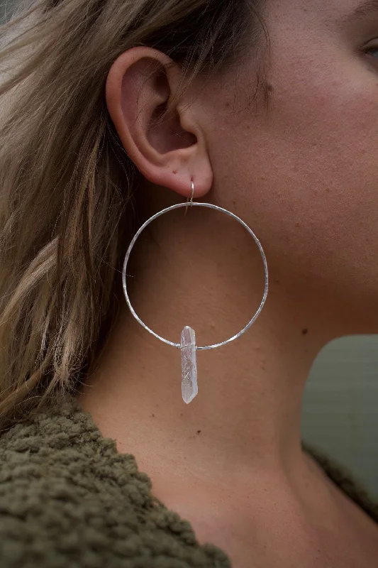 Silver Teardrop Earrings-Crystal Quartz Chakra Hoops