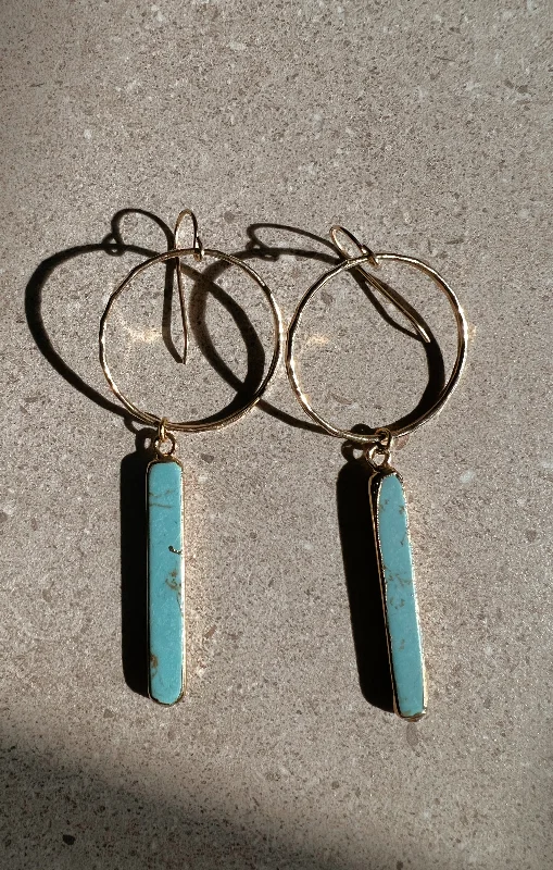 Gold Stud Earrings-Mini Turquoise Bar Hoops