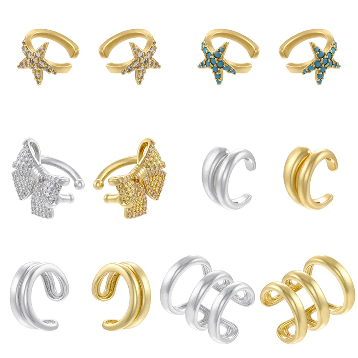 1 Pair Casual Vintage Style Simple Style C Shape Pentagram Bow Knot Inlay Copper Zircon 18K Gold Plated Ear Cuffs