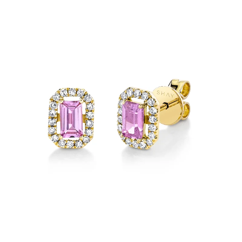 Elegant Pearl Earrings-MINI ME DIAMOND HALO PINK SAPPHIRE STUDS