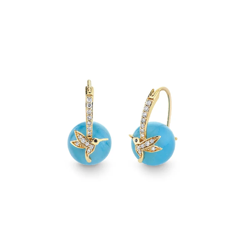 Adjustable Hoop Earrings-Gold & Diamond Hummingbird Aquamarine Earrings