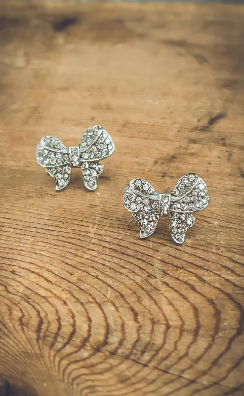 Elegant Hoops with Diamonds-Adorable Silver Rhinestone Bow Earrings