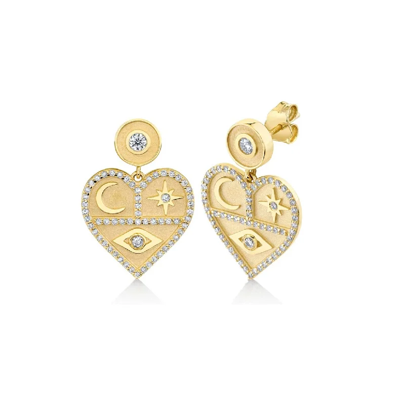 Small Hoop Earrings-Gold & Diamond Heart Tricon Drop Earrings