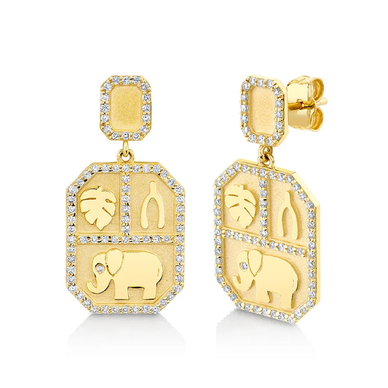 Cute Stud Earrings-Gold & Diamond Rectangular Tricon Drop Earrings