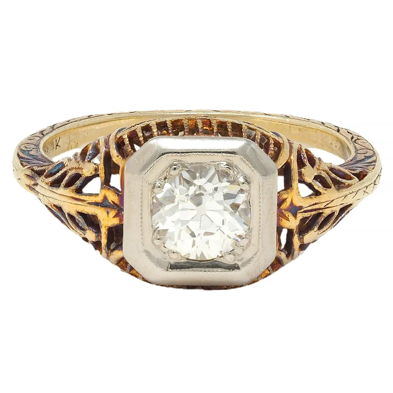 Edwardian 0.55 CTW Old European Diamond 14 Karat Two-Tone Gold Foliate Engagement Ring