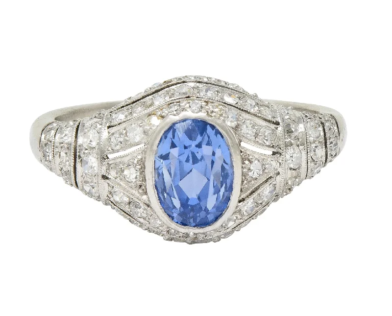 Art Deco 3.00 CTW No Heat Ceylon Blue Sapphire Diamond Platinum Bombé Vintage Ring GIA