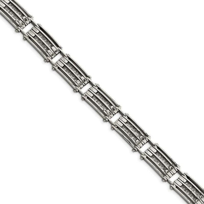 Simple Silver Bangle-Stainless Steel Polished with Carbon Fiber 8.25 inch Link Bracelet