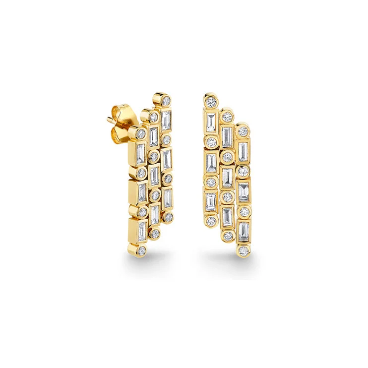 Trendy Statement Earrings-Gold & Diamond Short Baguette Waterfall Earrings