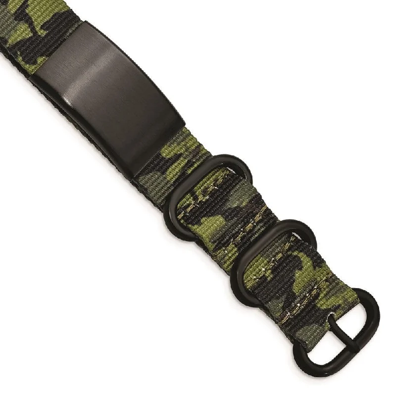 Leather Wrap Bracelet-Stainless Steel Brushed Blk IP Green Camo Fabric Adjustable ID Bracelet